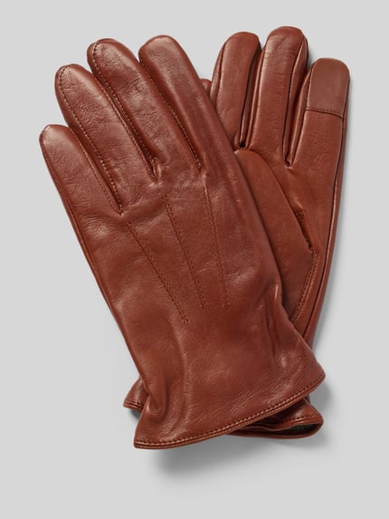 Produktfoto, Handschuhe aus echtem Leder mit Teilungsnähten von Akaroa, braune Oberfläche, sichtbare Teilungsnähte, eingefasste Abschlüsse
