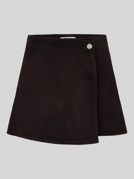 Produktfoto, Regular Fit Short-Rock aus Baumwoll-Mix Model 'ZEVA' von ONLY, jednokolorowy sztruks, ozdobny guzik, detal w stylu kopertowym, zamek błyskawiczny, mieszanka bawełny