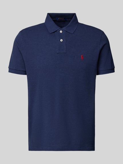 Produktfoto, granatowa Koszulka polo z wyhaftowanym logo Poloshirt mit Label-Stitching von Polo Ralph Lauren, bawełna, krój regular fit, kołnierzyk polo, krótka listwa guzikowa, prążkowane zakończenia rękawów, długość tyłu 68 cm dla rozmiaru M.
