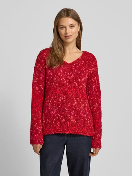 Milano Italy Strickpullover mit V-Ausschnitt und überschnittenen Schultern Hellrot Melange 4