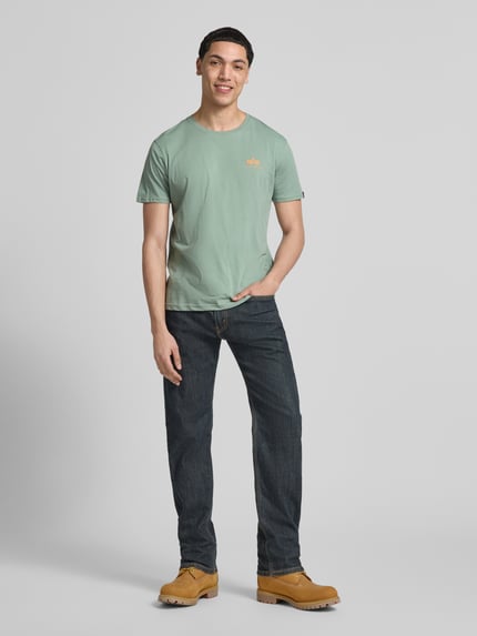 Männermodel trägt Herren T-Shirt mit Label-Details Modell 'BASIC' von Alpha Industries in Mint, Reine Baumwolle, Gerader-Schnitt, Rundhalsausschnitt, Rückenlänge bei Größe M 67 cm, Ganzkörperansicht von vorne.
