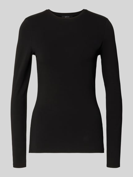 Produktfoto, schwarzes Longsleeve mit Rundhalsausschnitt Modell 'Smilla' von Opus aus Baumwoll-Elasthan-Mix, Slim Fit, Rückenlänge 63 cm bei Größe 36