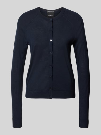Produktfoto, dunkelblaue Relaxed Fit Strickjacke aus reiner Schurwolle Modell 'FONAMI' von BOSS für Damen vor grauem Hintergrund