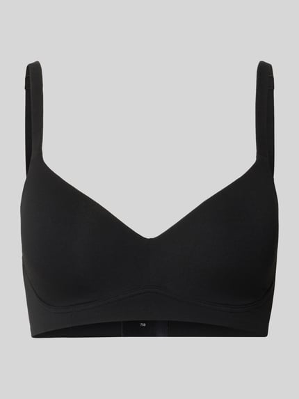 Produktfoto, schwarzer Slim Fit BH aus Baumwoll-Mix von Schiesser mit Haken-Verschluss und verstellbaren Schulterriemen auf grauem Hintergrund.
