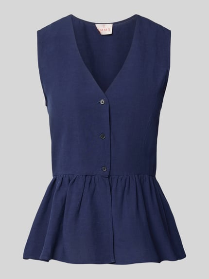 Productfoto, donkerblauwe Weste met V-hals en schootje model 'ELMO' van EMME, viscose-linnenmix, regular fit, zichtbare knopen.