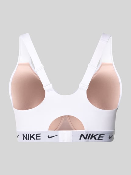 Productfoto, Bustier met label-details en verstelbare bandjes van NIKE TRAINING, wit en beige, stretchmateriaal, haaksluiting, nauwsluitende fit