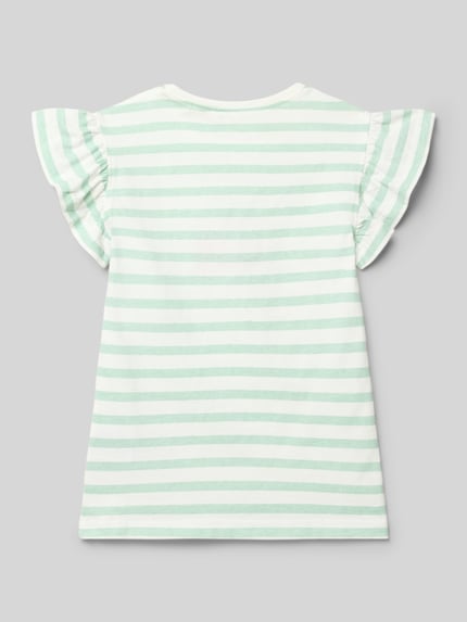 Produktfoto, T-Shirt met vlindermouwen en motiefprint van Blue Seven, katoen, rechte fit, ronde hals, lengte 45 cm bij maat 116, groene en witte strepen