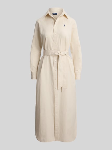 Produktfoto, Tailliertes Hemdblusenkleid aus reiner Baumwolle van Polo Ralph Lauren, uni, midi, hooggesloten, taille met bindriem, logo-stiksel, rugpas met plooi, knopenrij, manchetten, zijsplitten, katoen.