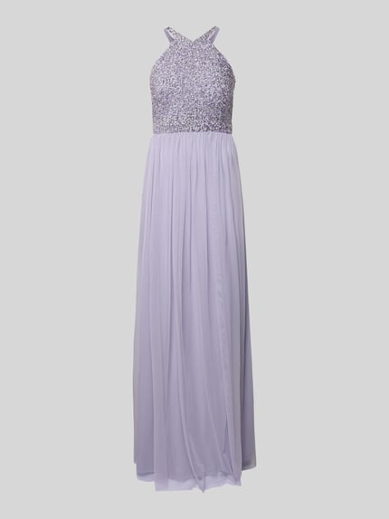 Productfoto, Abendkleid mit Strasssteinbesatz und Rundhalsausschnitt van Jake*s Cocktail in lila chiffon, a-lijn, maxijurk, achter cut out, haak- en ritssluiting, ruglengte 135 cm, buste 39 cm