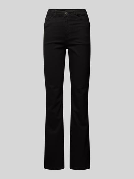 Produktfoto, schwarze Flared Jeans mit 5-Pocket-Design Modell 'WENDIE' von Noisy May, Baumwoll-Elasthan-Mix, strukturierte Textur