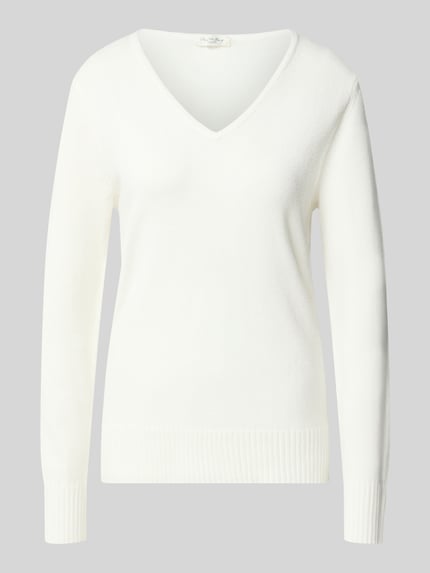 Produktfoto, Regular Fit Sweatshirt aus Viskose-Anteil von Christian Berg Woman in Weiß mit V-Ausschnitt und gerippten Abschlüssen, glatte Textur