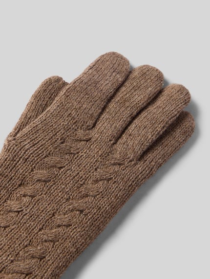 Produktfoto, Handschuhe aus reiner Wolle mit Label-Detail von EEM in Braun, Zopfmuster, gerippter Abschluss, weiche Textur, Damen Handschuhe