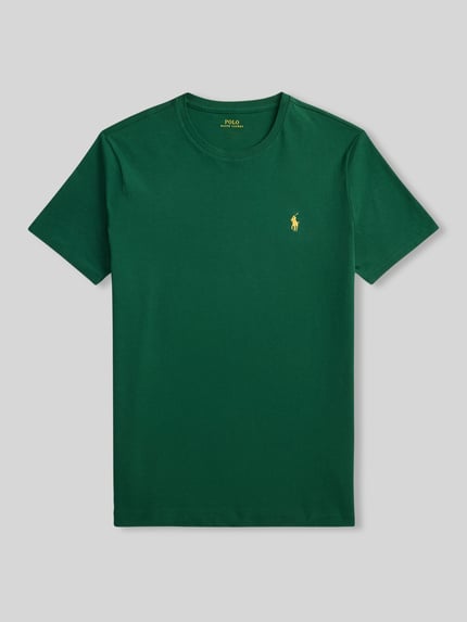 Produktfoto, Regular Fit T-Shirt aus reiner Baumwolle von Polo Ralph Lauren in Dunkelgrün mit Logo-Stitching, unifarben, kurzarm, Jersey.