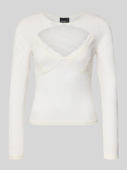 Produktfoto, Longsleeve met cut-out van Gina Tricot, dames shirt met lange mouwen van materiaalmix met stretch, semi-transparant kant, nauwsluitend, knoopsluiting, ruglengte maat S 53 cm
