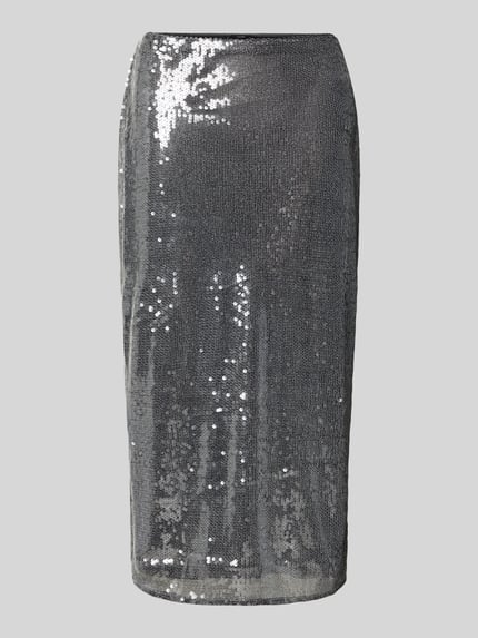 Produktfoto, silberfarbener Midirock mit Pailletten Modell 'XSPARKLE' von Mango, Gerader-Schnitt, elastischer Bund, Gehschlitz, 39 cm Bundweite, 77 cm Gesamtlänge