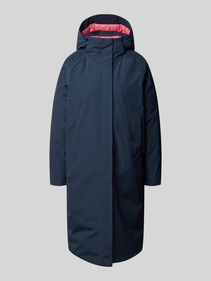 Produktfoto, Parka mit echter Daune und 10.000 mm Wassersäule von Peak Performance in Dunkelblau, Regular Fit, Modell 'TREELINE', Damen, Kapuze, verdeckter Reißverschluss, lange Form, glatte Oberfläche, rosa Futter, Rückenlänge 108 cm, Schulter 53 cm, Brust 62 cm, Ärmel 49 cm.