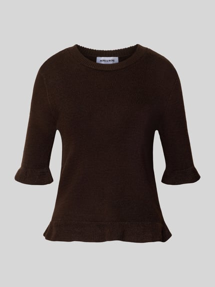 Produktfoto, Longsleeve mit Viskose-Anteil von MORE & MORE in Dunkelbraun mit Strick-Optik und Rüschenbesatz, körpernahe Passform