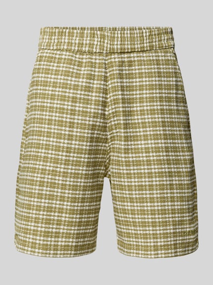 Produktfoto, Shorts mit Strukturmuster Modell 'Kander' von Carhartt Work In Progress in Grün-Weiß, Regular-Fit aus Reine Baumwolle, elastischer Bund, Gesäß-Paspeltasche, Bundweite 40 cm, Innenbeinlänge 19 cm bei Größe M.