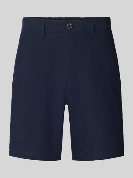 Produktfoto, Regular Fit Bermudas aus Baumwoll-Mix Modell 'KARL' von SELECTED HOMME in Dunkelblau, Seersucker-Struktur, Gürtelschlaufen, Knopfverschluss.