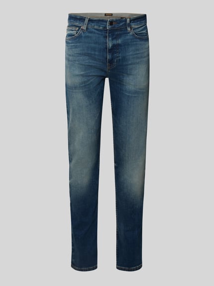 Produktfoto, Slim Fit Jeans aus Baumwoll-Mix Modell 'DELAWARE' van BOSS Orange in melange optic met contrasterende stiksels en 5-pocket-design.