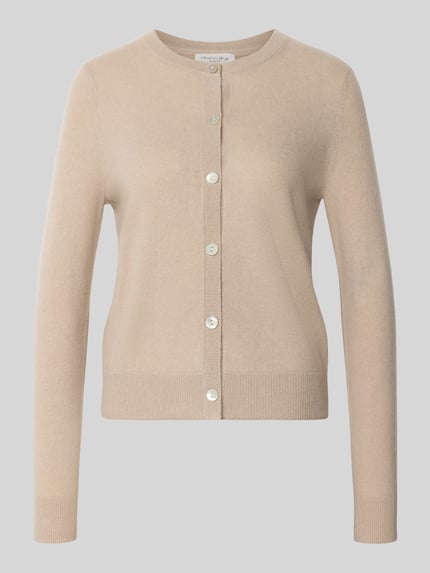 Produktfoto, Strickjacke aus reinem Kaschmir mit durchgängiger Knopfleiste von Christian Berg Woman, beiger Ton, langärmlig, gerippte Abschlüsse, Regular Fit, schlichtes Design
