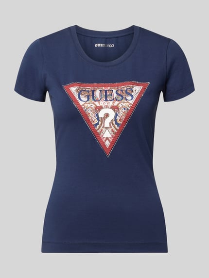 Produktfoto, T-Shirt mit Logo und Rundhalsausschnitt van Guess, katoen-elastaanmix, slim fit, navyblauw, logo op voorkant, ruglengte maat S 58 cm