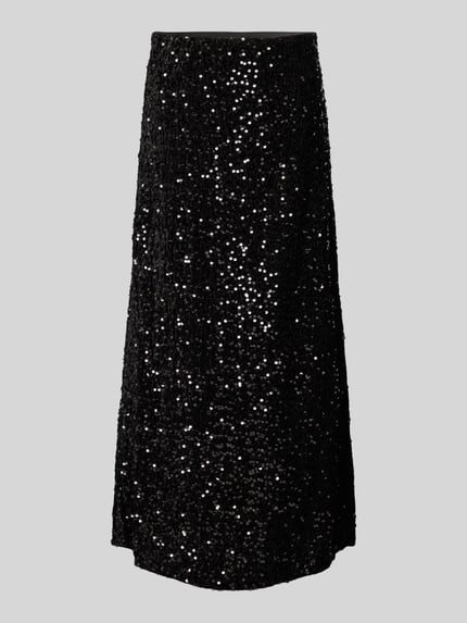 Produktfoto, uitlopend dames midi-rok van Pieces, model 'Ausgestellter Midi-Rock mit Paillettenbesatz Modell SILVER SEQ', effen zwart fluwelen stof met glanzende pailletten, elastische tailleband, enkelvoudige kleur, glanzende textuur, taillerende pasvorm.
