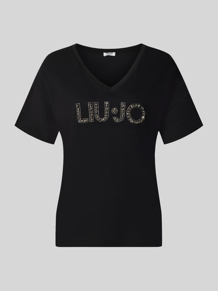 Produktfoto, Regular Fit T-Shirt aus reiner katoen van Liu Jo White, zwart, met siersteentjes, logodetail, ruglengte bij maat S 60 cm