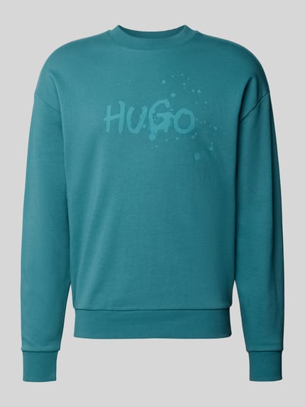 Produktfoto, Regular Fit Sweatshirt aus reiner Baumwolle Modell 'NIEROFIX_CREW' von Hugo Blue in Unifarben Blau mit Label-Print, Crew Neck, Rundhals, Langarm, gerippter Ärmel- und Rumpfabschluss, Sweat-Material