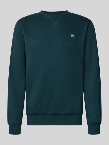 Produktfoto, Regular Fit Sweatshirt aus Baumwoll-Mix von LERROS in Dunkelgrün, Logo-Patch, gerippte Abschlüsse, Rundhalsausschnitt.