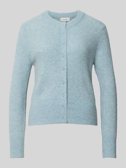 Produktfoto, Strickjacke aus Alpaka mit Rundhalsausschnitt Modell 'Dreni' von OPUS in Hellblau, Regular Fit, cropped, Feinstrick mit Struktur.