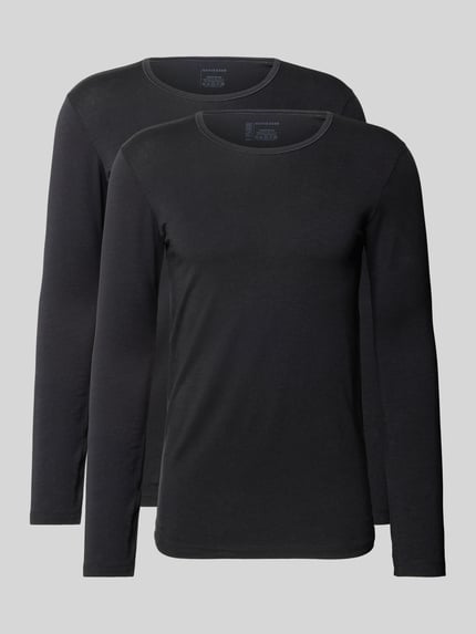 Produktfoto, Shirt met lange mouwen met geribde ronde hals van Schiesser, Mix van katoen en elastaan, Slim fit, effen zwart