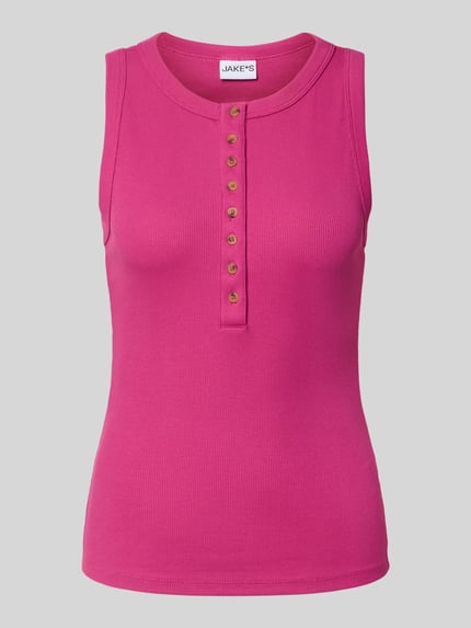 Produktfoto, Tanktop mit Knopfleiste von Jake*s Casual aus mieszanka bawełny i elastanu, krój slim fit, efekt prążkowania, okrągły dekolt, listwa guzikowa, długość tyłu w rozmiarze S: 53 cm, kolor różowy
