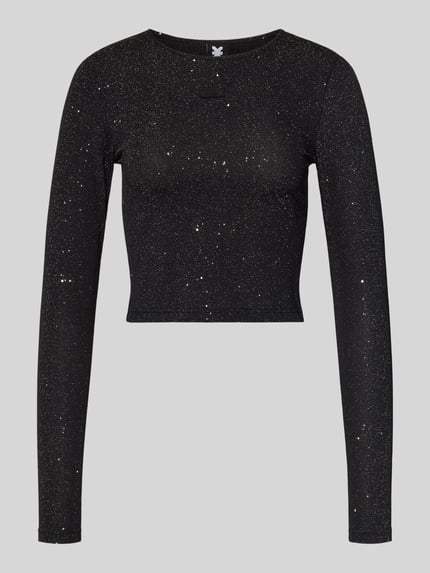 Produktfoto, Cropped Longsleeve mit Label-Detail von Karo Kauer in Schwarz mit Glitter-Effekt, Material-Mix mit Stretch-Anteil, Regular Fit, Rundhalsausschnitt, Rückenlänge bei Größe S 40 cm.
