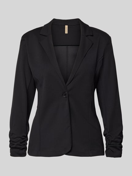 Produktfoto, zwarte dames blazer met reverskraag, plooien, knoopsluiting, getailleerd, elastische materiaalmix, model 'Siham' van Soyaconcept