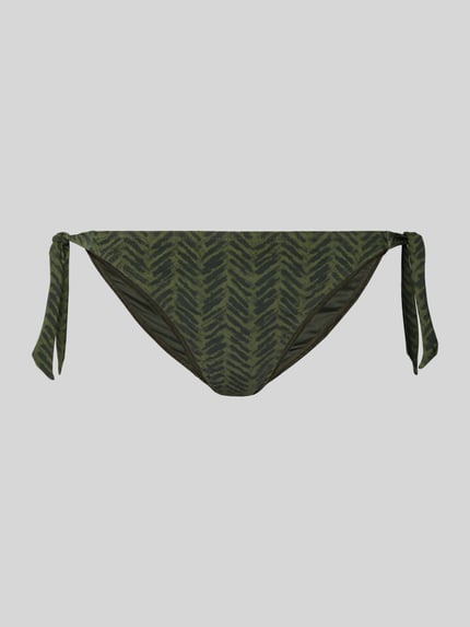 Produktfoto, Bikini-Slip mit Label-Detail Modell 'DASIA' von Banana Moon in Oliv mit grafischem Muster, Stretch-Material, Schnürverschluss