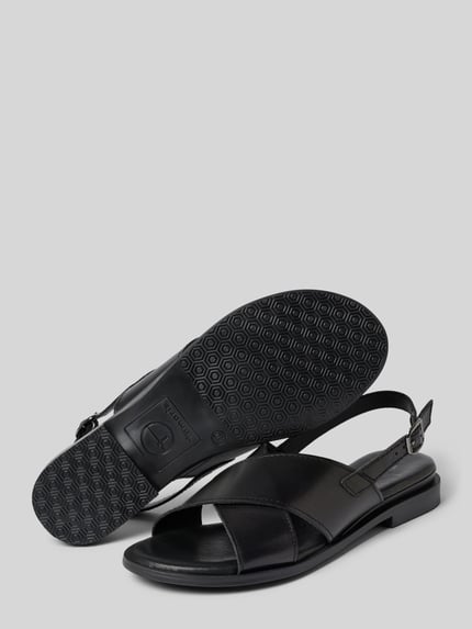 Produktfoto, Sandalen aus echtem Leder von Tamaris in Schwarz, Blockabsatz, runde Schuhspitze, strukturierte Sohle, Veloursleder-Optik.