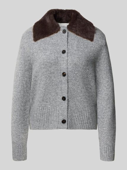 OPUS Slim Fit Strickjacke mit Kunstfellkragen Modell 'Dofur' Mittelgrau 2