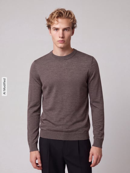 Männermodel trägt braunen Regular Fit Pullover aus reiner Wolle Modell 'TRAY' von Selected, Herren Pullover, Ganzkörperansicht von vorne, KI-modifiziertes Bild.
