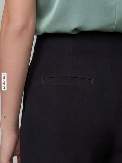 Vrouwenmodel draagt Regular fit wijdte broek uit viscosemix model 'KIMBERLEY' van SEDUCTIVE, Dames wijdte broek, detailopname achterzijde