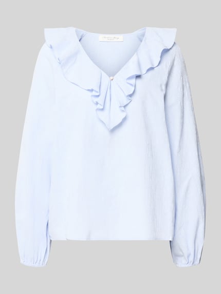 Produktfoto, Regular Fit Bluse mit V-Ausschnitt und Volants von Christian Berg Woman aus Reine Baumwolle, fein strukturiert, hellblau