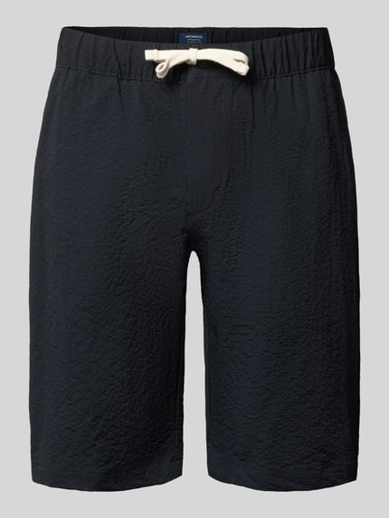 Produktfoto, Shorts mit elastischem Bund und Eingrifftaschen von MCNEAL, krój regular fit, wzór strukturalny, kieszenie boczne, kieszenie z tyłu, elastyczny pas z troczkiem, szerokość w rozmiarze M: 44 cm, długość nogawki od wewnątrz w rozmiarze M: 26 cm, kolor czarny, faktura lekko marszczona
