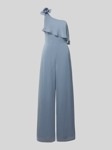 Produktfoto, Regular Fit Jumpsuit mit floralem Zierbesatz von Swing in Hellblau mit Rüschen, tailliertem, ärmellosem, asymmetrischem Design