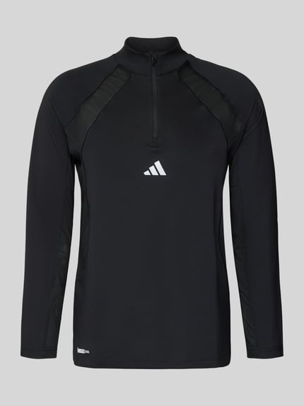 Produktfoto, czarne Sweatshirt mit Stehkragen von adidas Training, materiał z domieszką stretchu, krój slim fit, krótki zamek, nadruk z logo