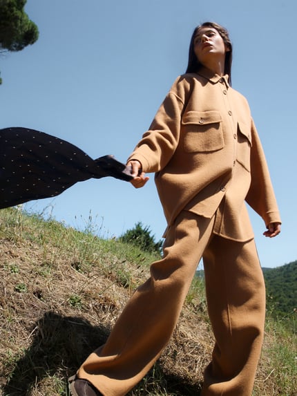 Style Icon Collection Spodnie rozkloszowane z szeroką nogawką z mieszanki wełny Camel 6