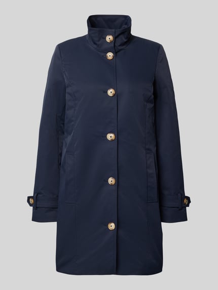 Productfoto, Trenchcoat mit Stehkragen und Ärmelriegeln van Christian Berg Woman Selection in donkerblauw, A-lijn, knoopsluiting, gladde textuur.