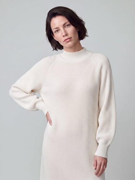 Frauenmodel trägt Strickkleid mit Ballonärmeln von S.OLIVER CASUAL in creme, unifarben, strukturierte Rippstrick-Optik, Nahaufnahme Oberkörper.