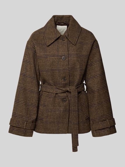 Produktfoto, Relaxed Fit Jacke mit Woll-Anteil Modell 'Amaranda' von MSCH Copenhagen in Braun kariertem Material-Mix, Struktur mit Bindegürtel und Knopfleiste