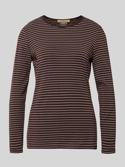 Produktfoto, Slim Fit Longsleeve aus Baumwoll-Mix mit Viskose-Anteil von Smith and Soul, bruin met witte strepen, getailleerd, dames longsleeve, katoenmix met viscose, slim fit, lengte achterkant maat S: 63 cm