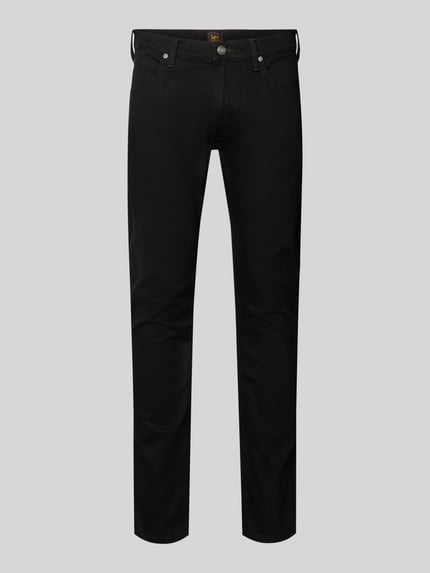Produktfoto, Slim Fit Jeans im 5-Pocket-Design Modell 'LUKE' von Lee in Schwarz, Baumwoll-Mix mit Stretch, körpernaher Schnitt, frontal.